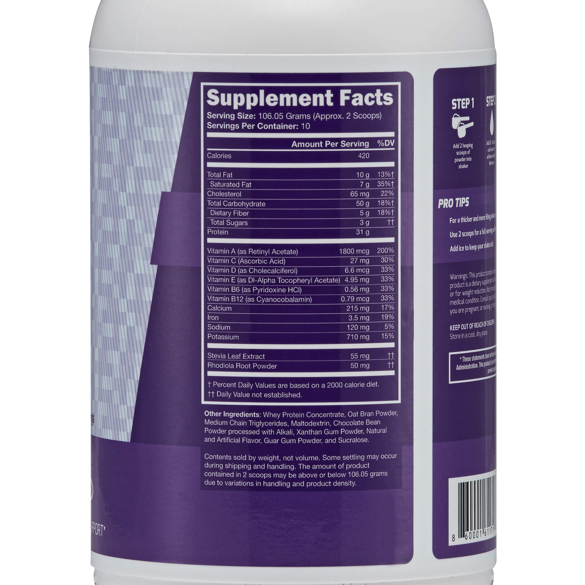 Chocolate meal replacement shake nutrition facts label listing ingredients: whey protein, oat bran powder, MCT, maltodextrin, chocolate bean powder, xanthan gum, flavors, guar gum, sucralose