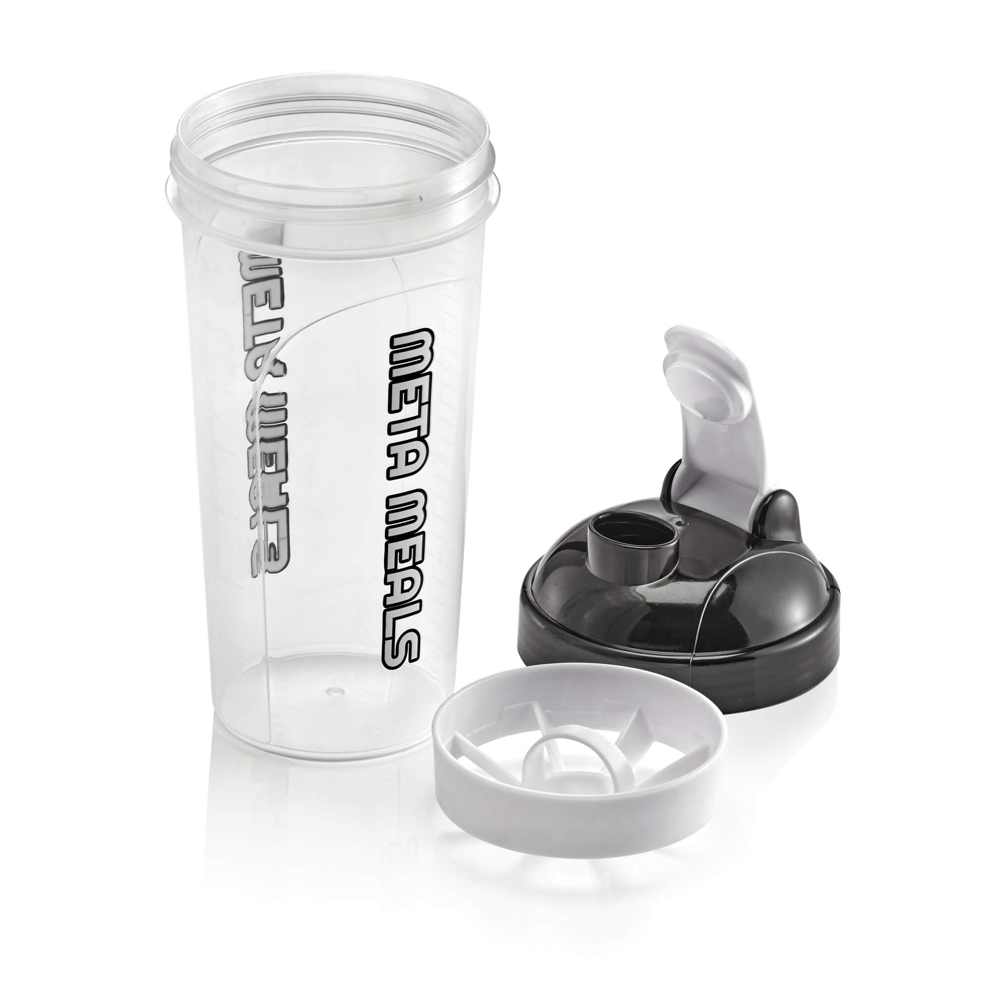 Clear shaker bottle pictured disassembled with strainer and lid
