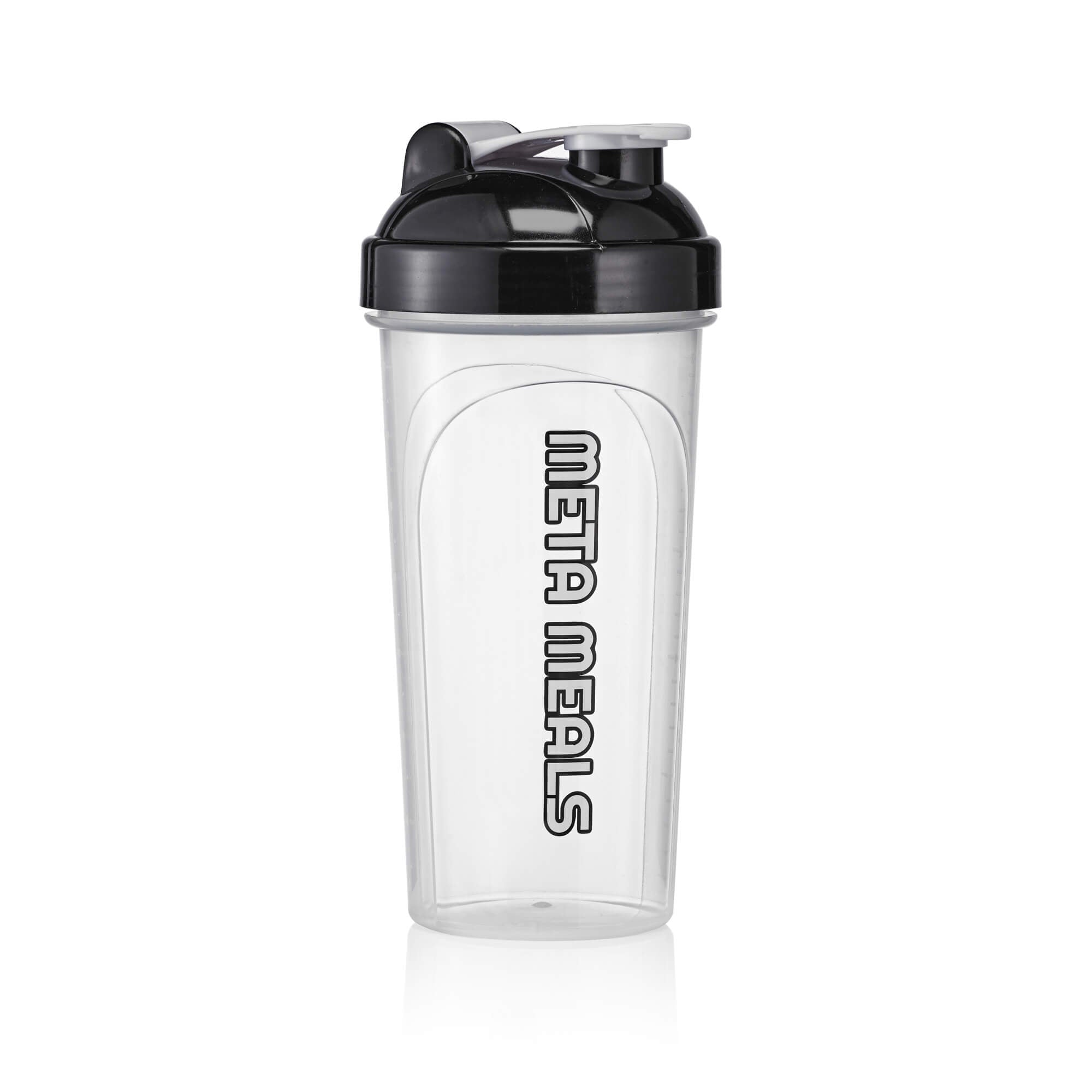 Meta Meals clear shaker bottle for protein and meal replacement powder shakes