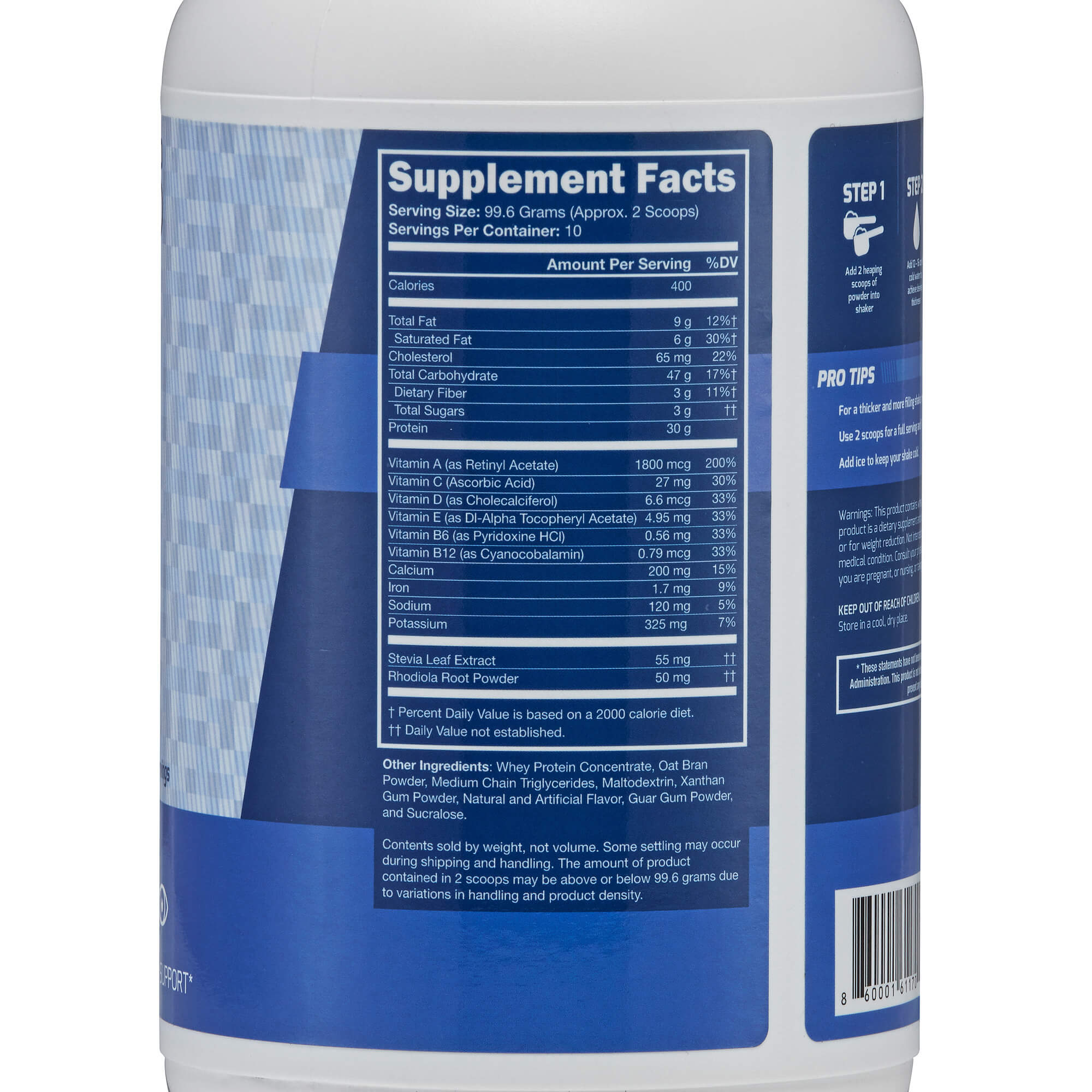 Vanilla meal replacement shake nutrition facts label listing ingredients: whey protein, oat bran powder, MCT, maltodextrin, xanthan gum, flavors, guar gum, sucralose